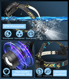 MoKo Rechargeable Headlamp, Super Bright 150000 Lumen Head Flashlight 30W White Light Beads IP68 Waterproof Sensor Headlight 90° Adjustable Head Lamp for Outdoor Running Camping Fishing Hunting, Black