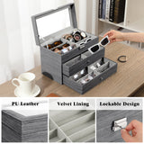 MoKo Sunglasses Organizer with 18 Slots, 3-layer Leather Sunglass Display Collection Holder Case with Drawer Clear Glass Lid, Lockable Eyeglass Glass Jewelry Watch Storage Box for Women Men, Gray