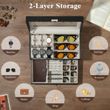 MoKo Watch Box Organizer, 2 Layers Lockable Sunglasses Jewelry Organizer with Glass Lid for Men Women, Watch Display Case Jewelry Box for Watches, Sunglasses, Tie Pins, Cufflinks, Rings, Black