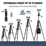 MoKo Camera Tripod for iPad - 70" Phone Tripod Stand with Travel Bag, Tripod for iPhone with Phone Holder, Wireless Remote, Travel Tripod for Camera DSLR SLR, Cell Phones, Tablets, Projector, Webcam