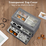 MoKo Sunglasses Organizer with 18 Slots, 3-layer Leather Sunglass Display Collection Holder Case with Drawer Clear Glass Lid, Lockable Eyeglass Glass Jewelry Watch Storage Box for Women Men, Gray