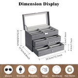 MoKo Sunglasses Organizer with 18 Slots, 3-layer Leather Sunglass Display Collection Holder Case with Drawer Clear Glass Lid, Lockable Eyeglass Glass Jewelry Watch Storage Box for Women Men, Gray