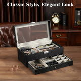MoKo Watch Box Organizer, 2 Layers Lockable Sunglasses Jewelry Organizer with Glass Lid for Men Women, Watch Display Case Jewelry Box for Watches, Sunglasses, Tie Pins, Cufflinks, Rings, Black