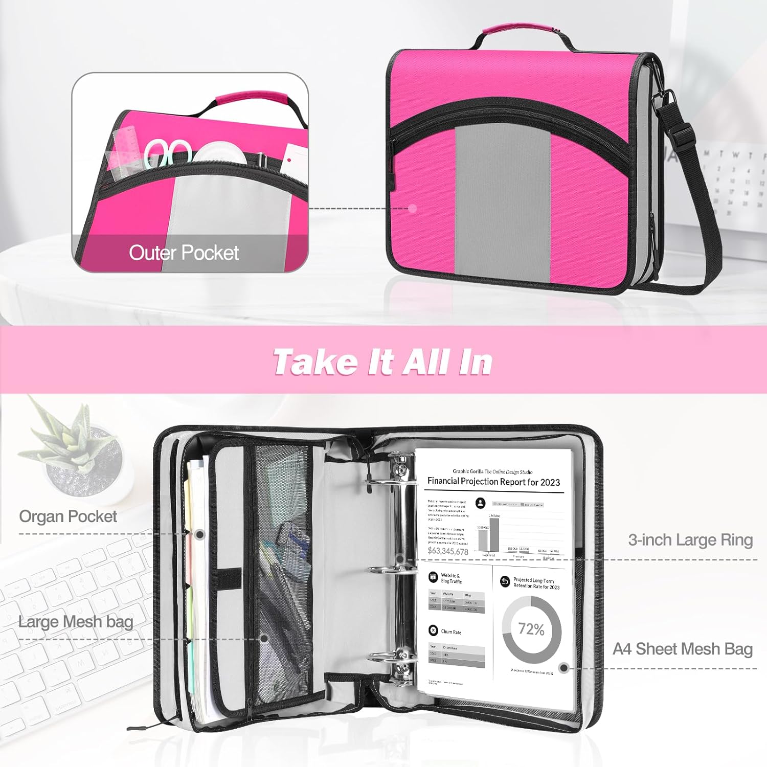 MoKo Zipper Binder, 3 inch 3 Ring Binder with Zipper, 600