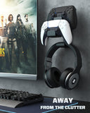 MoKo Controller Holder, Dual Gamepad Controller & Headphone Hanger for Xbox One, Xbox 360, PS3, PS4, PS5, PC, STEAM, Switch丨Wall Mount Stand for All Universal Headsets, Black