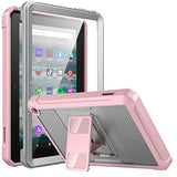 MoKo Case Fits with Amazon All-New Kindle Fire 7 Tablet (2022 Release-12th Generation) Latest Model 7", Full Body Rugged Hands-Free Viewing Stand Back Cover with Screen Protector, Gray/Pink