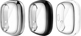 MoKo 3-PACK Screen Protector Case Compatible with Fitbit Versa 3/Versa Sense, TPU Plated Bumper Shell Full Cover Protective Case with TPU Screen Protector - Black & Silver & Clear