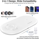 MoKo 2 in 1 Wireless Charging Pad Qi Certified Fast Charing Dock Compatible iPhone 13/12 Pro Max 11/11 Pro/SE/XS/XR/X,Samsung Galaxy S21/S20 iWatch SE/6/5/4/3/2, Airpods 2/Pro (QC3.0 Adapter)