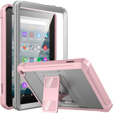 MoKo Case Fits with Amazon All-New Kindle Fire 7 Tablet (2022 Release-12th Generation) Latest Model 7", Full Body Rugged Hands-Free Viewing Stand Back Cover with Screen Protector, Gray/Pink