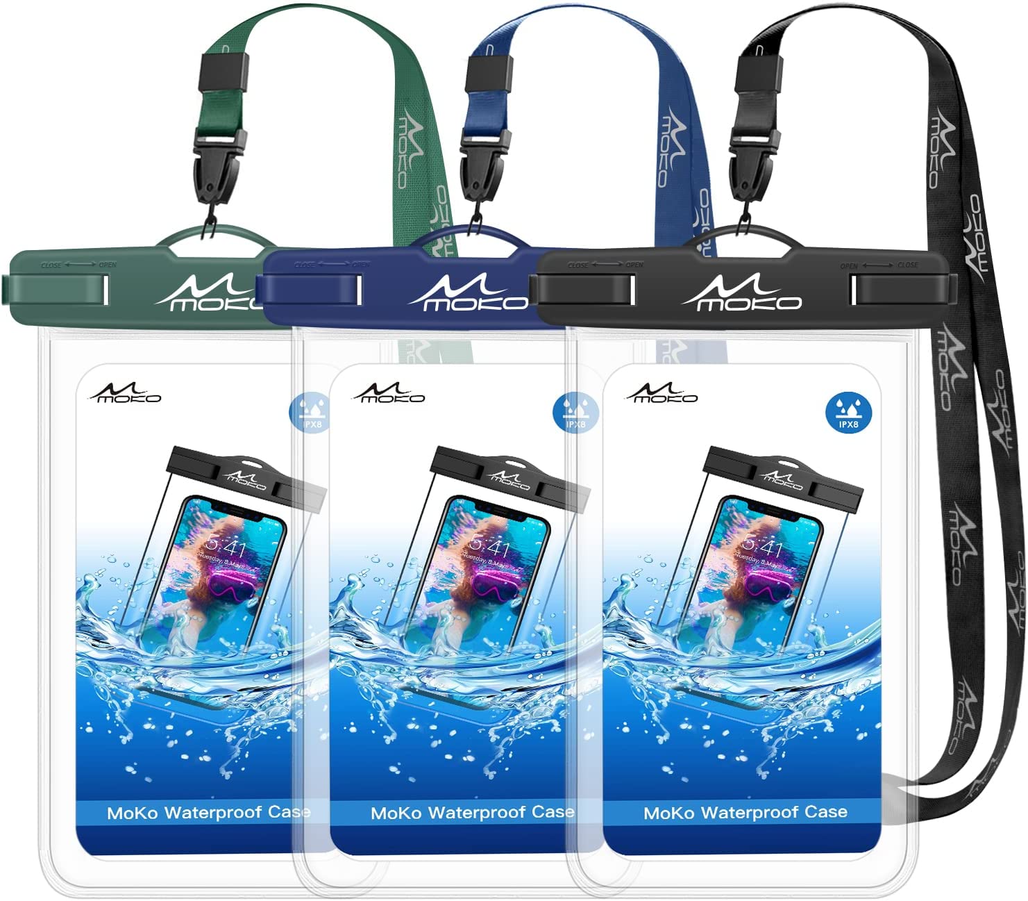 MoKo Waterproof Phone Pouch 3 Pack Underwater Clear Phone Case Dry Bag with Lanyard Compatible with iPhone 13 Mini 12 11 Pro Max X Xr Xs SE 3 2