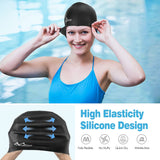 MoKo Swim Cap for Long Hair, Women Men Swimming Hat with Earplugs Nose Clip Set Large Space Full Protection Silicone Swimming Cap for Thick Curly Hair & Dreadlocks Weaves Braids, L Size, Black