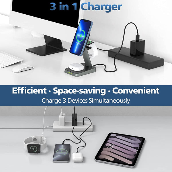 MoKo 3 in 1 Magnetic Wireless Charger Stand, QI Fast Charging Station ...