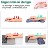 MoKo Keyboard Wrist Rest Pad and Mouse Pad Wrist Support Set, Ergonomic Raised Memory Foam Cushion, Non Slip Rubber Base [Pain Relief] for Office, Computer, Laptop, Typist, Gamer - Blue with Prints
