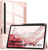 MoKo Case Fits Samsung Galaxy Tab S8 + 12.4 2022 (SM-X800/X806) / Tab S7 FE 12.4-Inch 2021 / Tab S7 Plus 12.4 2020 with S-Pen Holder, Transparent Back Tablet Cover with Auto-Wake, Rose Gold