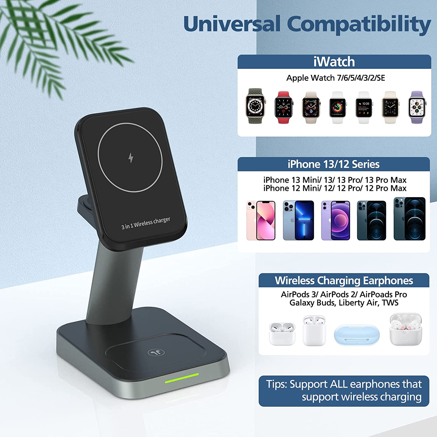 MoKo 3 in 1 Magnetic Wireless Charger Stand, QI Fast Charging Station ...