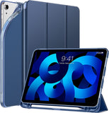 MoKo Case Fit iPad Air 5th/4th Generation 10.9 Inch 2022/2020 with Pencil Holder, [Support Touch ID and iPad 2nd Pencil Charging/Pair], Trifold Stand Smart Case Soft TPU Back, Navy Blue