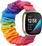 MoKo Elastic Band Compatible with Fitbit Versa 3 / Sense, Stretchy Fabric Scrunchie Bands Scrunchy Wrist Band Replacement Strap Watchband for Women Girl, L, Leopard