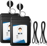 MoKo Retractable Badge Holder, 2 Pack PU Leather ID Badge Reel Clip Card Holder with Key Ring and Leather Lanyard - Black