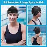 MoKo Swim Cap for Long Hair, Women Men Swimming Hat with Earplugs Nose Clip Set Large Space Full Protection Silicone Swimming Cap for Thick Curly Hair & Dreadlocks Weaves Braids, L Size, Black