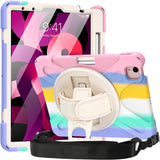 MoKo Case for iPad Air 5th/4th Generation 2022/2020 10.9 Inch for Kids with Pencil Holder, Shockproof Heavy Duty Protective Case with 360 Degree Rotate Stand, Hand Strap, Shoulder Strap, Multicolor A