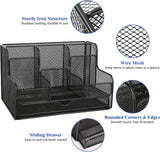 MoKo Desk Organizer with Drawer, Mesh Office Supplies Caddy Stationary Accessories Storage Desktop Holder with 7 Compartments for Notebook, Pens, Pencils, Makeups, Small Household Supplies, Black
