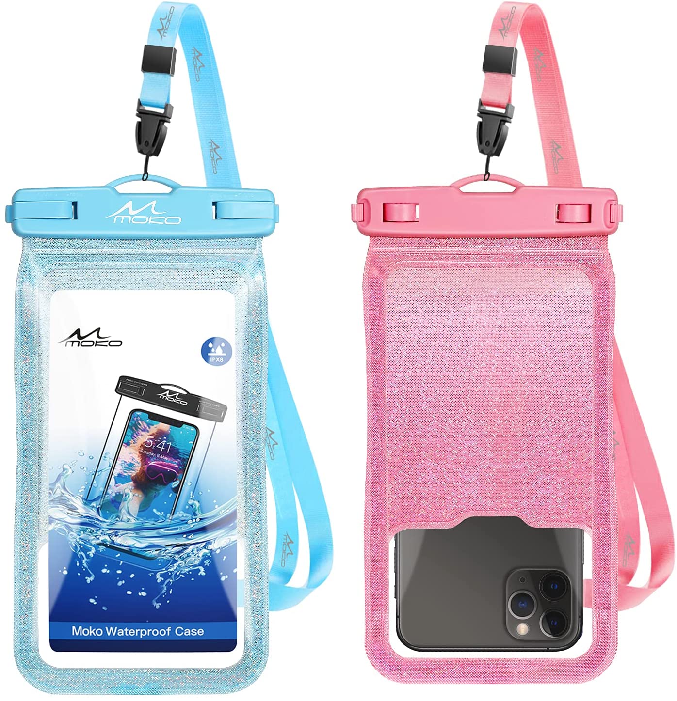 MoKo Waterproof Phone Pouch Holder Floating 2-Pack, IPX8 Glitter