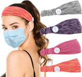 MoKo Headbands for Women 4 Pack, Headband with Buttons for Face Mask Stretchy Wicking Hairband Running Headband Workout Sweatband Sports Headband Headwrap for Yoga, Cycling, Basketball