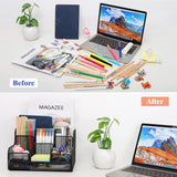 MoKo Desk Organizer with Drawer, Mesh Office Supplies Caddy Stationary Accessories Storage Desktop Holder with 7 Compartments for Notebook, Pens, Pencils, Makeups, Small Household Supplies, Black