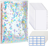 MoKo A6 Budget Binder Notebook,Glittering Quicksand Spangles Binder Cover, Clear PVC Looseleaf Folder with 12 Zipper Pockets & Blank Papers, 16 Sticky Labels for School Office, Colorful Stars