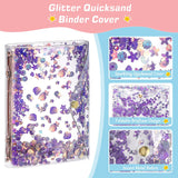 MoKo A6 Budget Binder Notebook,Glittering Quicksand Spangles Binder Cover, Clear PVC Looseleaf Folder with 12 Zipper Pockets & Blank Papers, 16 Sticky Labels for School Office,Pearlescent Purple