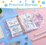 MoKo A6 Budget Binder Notebook,Glittering Quicksand Spangles Binder Cover, Clear PVC Looseleaf Folder with 12 Zipper Pockets & Blank Papers, 16 Sticky Labels for School Office,Pearlescent Purple