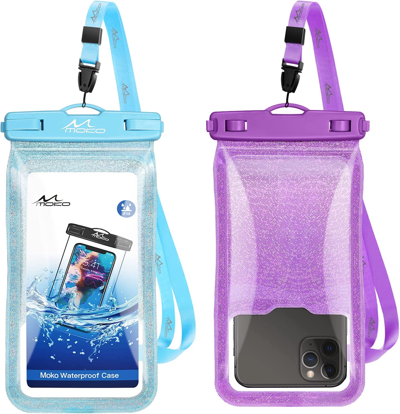 MoKo Waterproof Phone Pouch Holder Floating 2-Pack, IPX8 Glitter