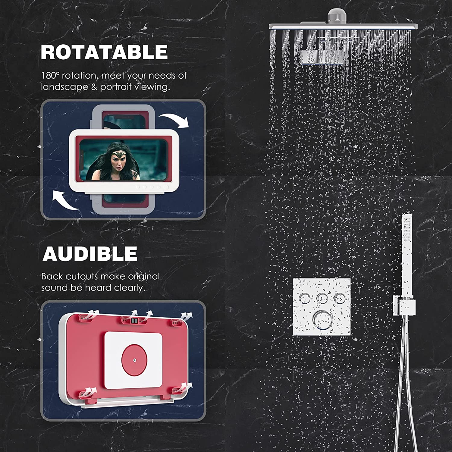 Bathroom Mount Waterproof Shower Phone Holder - 360° Rotation Anti-Fog Case For Bathroom & Bathtub (Fits Up To 7 Inch Phones) Wall Mounted Shower Accessory