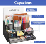 MoKo Desk Organizer with Drawer, Mesh Office Supplies Caddy Stationary Accessories Storage Desktop Holder with 7 Compartments for Notebook, Pens, Pencils, Makeups, Small Household Supplies, Black