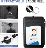 MoKo Retractable Badge Holder, 2 Pack PU Leather ID Badge Reel Clip Card Holder with Key Ring and Leather Lanyard - Black
