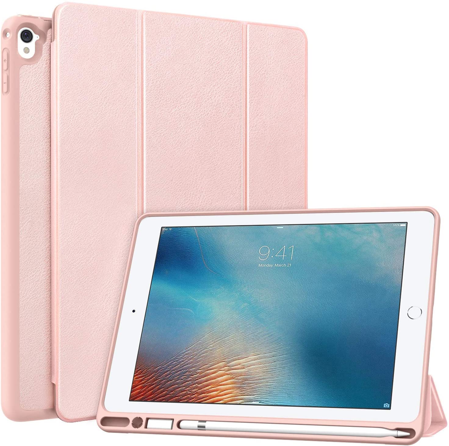 Avec porte-stylo intégré à l'arrière transparent antichoc Auto Wake Ipad  Cover (rose 9,7 pouces)